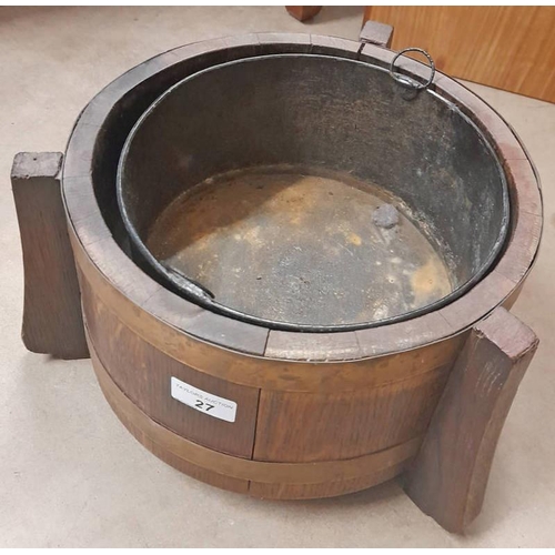 27 - OAK BARREL COAL BIN WITH BRASS COOPERING. DIAMETER 29 CM