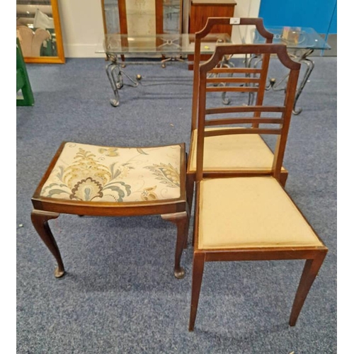 29 - MAHOGANY STOOL ON QUEEN ANNE SUPPORTS & PAIR OF MAHOGANY HAND CHAIRS