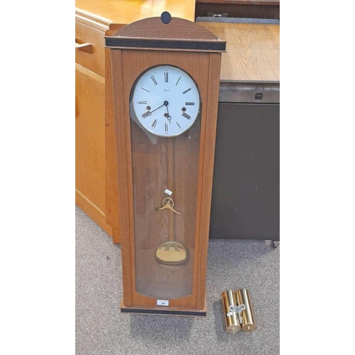 30 - OAK CASED REGULATOR WALL CLOCK WITH 2 WEIGHTS BY HERMLE 90CM TALL