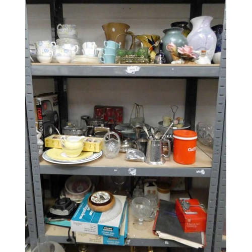 3076 - VARIOUS SILVER PLATED WARE, VARIOUS GLASS & PORCELAIN, SELECTION OF CROWNS, ETC, OVER 3 SHELVES