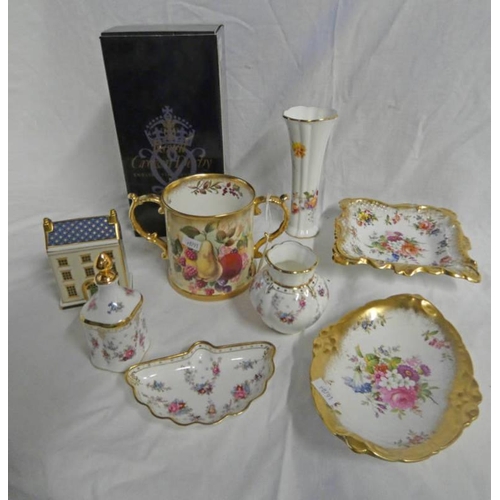 3153 - SELECTION OF ROYAL CROWN DERBY & HAMMERSLEY PORCELAIN INCLUDING  VASES, TWIN HANDLED CUP, PAPERWEIGH... 