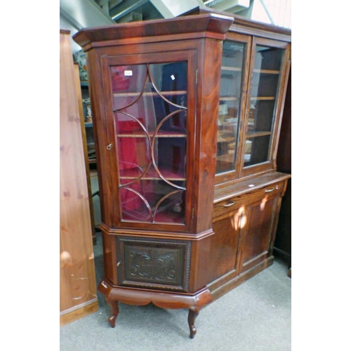 32 - LATE 19TH CENTURY MAHOGANY CORNER CUPBOARD WITH ASTRAGAL GLASS DOOR OVER CARVED PANEL DOOR ON PLINTH... 