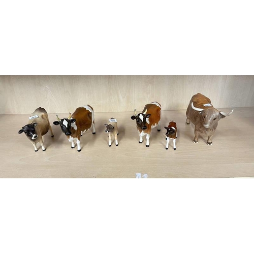 3405 - 6 BESWICK PORCELAIN CATTLE FIGURES, TALLEST 14CM OVER 1 SHELF