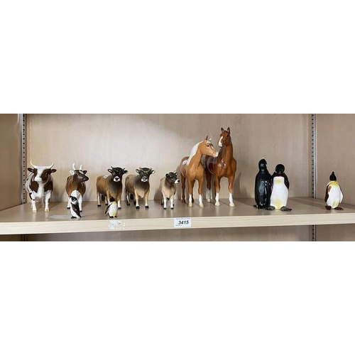 3415 - SELECTION OF BESWICK PORCELAIN ANIMAL FIGURES INCLUDING PENGUINS, CATTLE & HORSE, TALLEST 22CM OVER ... 