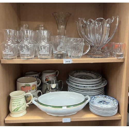 3419 - SELECTION OF VARIOUS ITEMS INCLUDING CRYSTAL VASES, SOUP BOWLS, & OTHERS OVER 2 SHELVES