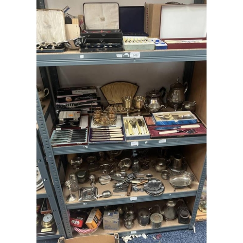 3421 - SELECTION OF SILVER PLATE ITEMS INCLUDING TEA SPOTS, CASED CUTLERY, TANKARDS & OTHERS OVER 4 SHELVES