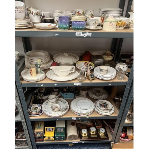 3422 - SELECTION OF VARIOUS ITEMS INCLUDING DINNERWARE, ORNAMENTS, ADVERTISING TINS & OTHERS OVER 4 SHELVES