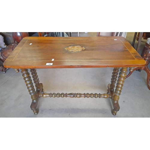 35 - 19TH CENTURY WALNUT LIBRARY TABLE WITH DECORATIVE BOXWOOD INLAY TOP ON BOBBIN SUPPORTS 87CM LONG