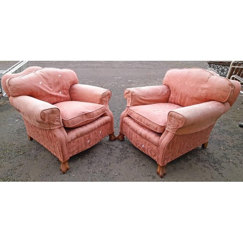 39 - PAIR EARLY 20TH CENTURY OVER STUFFED ARMCHAIR ON SHAPED SUPPORTS