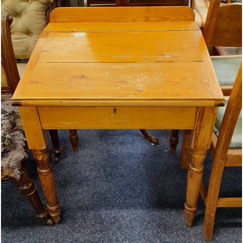 41 - PINE SCHOOL DESK WITH LIFT-TOP ON TURNED SUPPORTS, 84CM TALL X 69CM WIDE