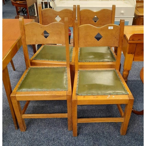 45 - SET OF 4 ARTS & CRAFTS OAK CHAIRS ON SQUARE SUPPORTS WITH GREEN LEATHER SEATS