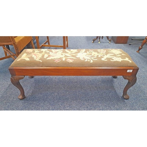 46 - LATE 19TH CENTURY MAHOGANY RECTANGULAR STOOL WITH FLORAL TAPESTRY TOP ON QUEEN ANNE SUPPORTS