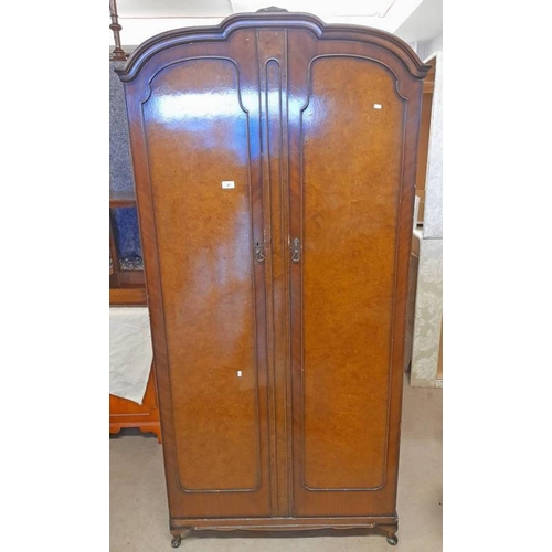 47 - WALNUT 2 DOOR WARDROBE ON SHORT QUEEN-ANNE SUPPORTS, 188CM TALL