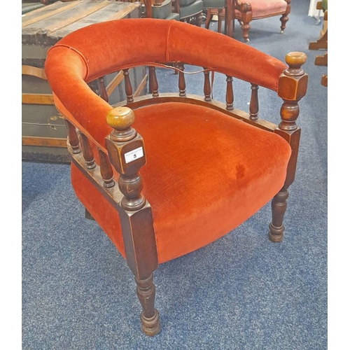 5 - 19TH CENTURY MAHOGANY FRAMED TUB CHAIR ON TURNED SUPPORTS