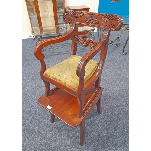 57 - 20TH CENTURY MAHOGANY CHILD'S HIGH CHAIR WITH DECORATIVE CARVED BACK ON SABRE SUPPORTS, 92CM TALL