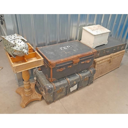 6127 - ROPEWORK LINEN BOX, 2 LEATHER BOUND TRUNKS, PINE BOX, ETC