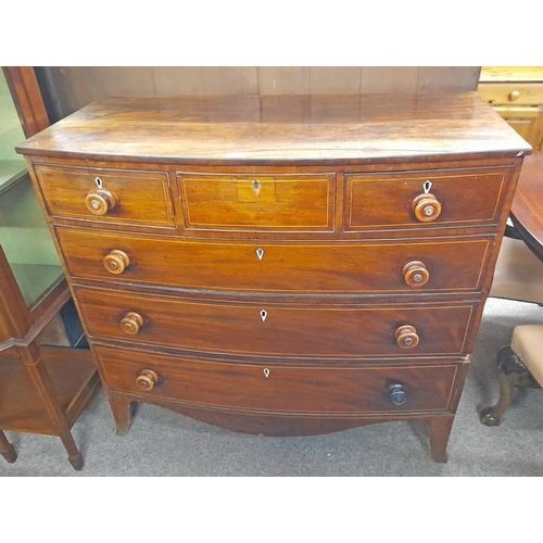 62 - 19TH CENTURY MAHOGANY BOW FRONT CHEST OF 3 SHORT OVER 3 LONG DRAWERS ON SPLAYED SUPPORTS, 107CM TALL... 