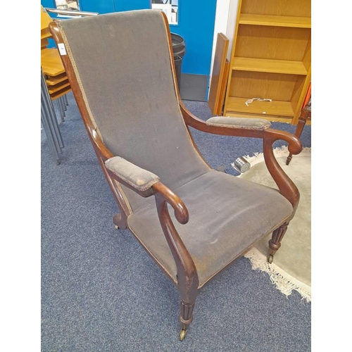 7 - 19TH CENTURY MAHOGANY FRAMED LIBRARY OPEN ARMCHAIR ON REEDED SUPPORTS