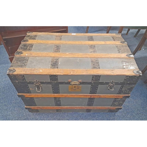 8 - WOOD BOUND TRUNK WITH METAL FIXTURES, 93CM LONG