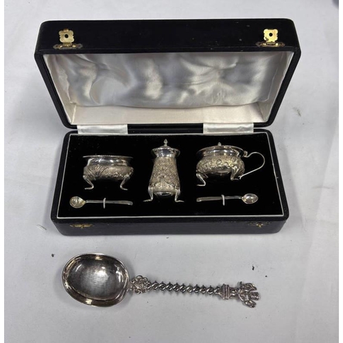 700 - INDIAN SILVER CASED 3 PIECE CRUET SET & SIMILAR SPOON.