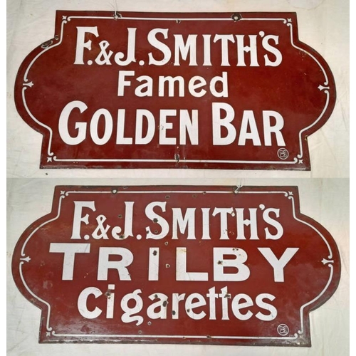 1003 - DOUBLE SIDED ENAMEL SIGN 'F & J SMITH'S TRIBLY CIGARETTES' & 'F & J SMITHS FAMED GOLDEN BAR' 31 X 61... 