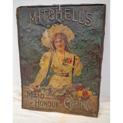 1004 - METAL SIGN, IMPRESSED 'MITCHELLS MAID OF HONOUR CIGARETTES' STEPHEN MITCHELL & SON GLASGOW 64 X 49.5... 