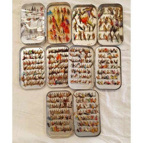 1026 - 5 RICHARD WHEATLEY FLY BOXES, 4 OF WHICH ARE SILMALLOY, ALL WITH CONTENTS OF FLIES