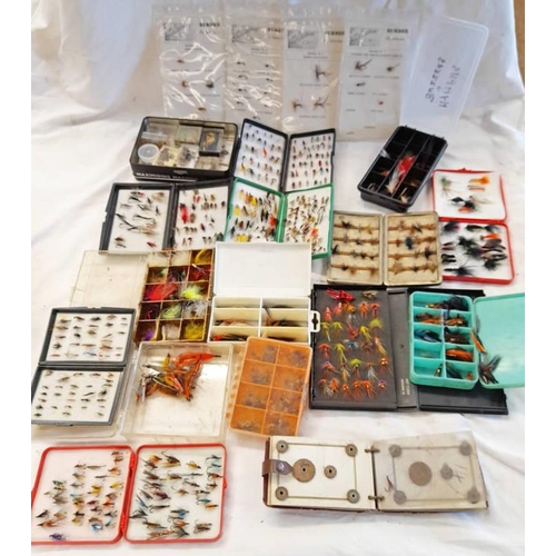 1038 - GOOD SELECTION OF VARIOUS FLY BOXES, MOST WITH CONTENTS OF FLIES, SUE BURGESS FLY SELECTION ETC