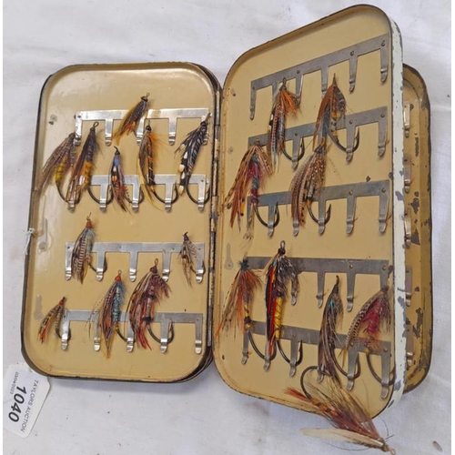 1040 - LARGE BLACK JAPANNED SWING LEAF SALMON FLY BOX  MARKED PATENT 13561 WITH CONTENTS OF VARIOUS SALMON ... 