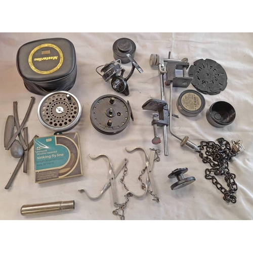 1061 - YOUNG & SONS RAPIDEX REEL, INTREPID JUNIOR SPINNING REEL, HARDY  BROS LTD, CLAMPS, LEAD ETC IN ONE B... 