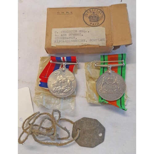 1074 - WW2 MEDAL GROUP OF DEFENCE MEDAL AND 1939 - 1945 WAR MEDAL IN BOX OF ISSUE MARKED ''C CHRISTIE ESQ, ... 