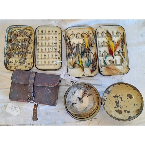 1084 - MALLOCK PATENT FLY TIN WITH SOME FLIES, FLY TIN WITH SALMON FLYS, LEATHER FLY WALLET WITH CONTENTS A... 