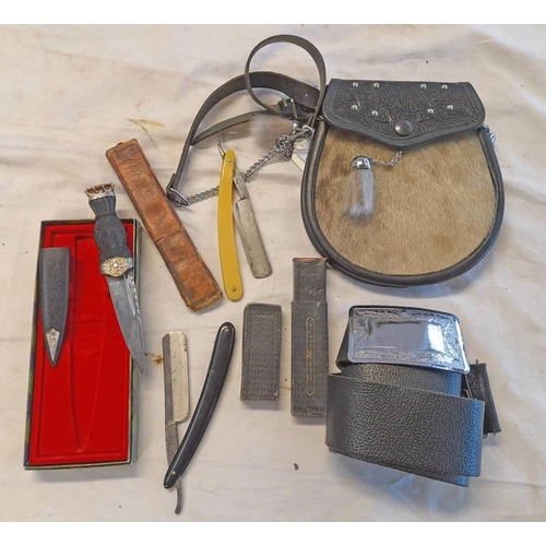 1092 - SGIAN DHU, SPORRAN, KILT BELT AND TWO CUT THROAT RAZORS