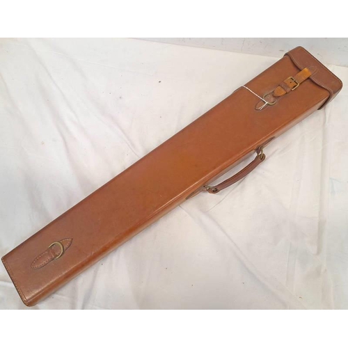 1128 - LEATHER SPORTING GUN CASE WITH LEATHER STRAP AND COVER WITH BRASS MOUNTS