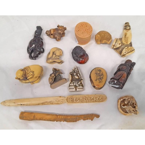 1131 - SELECTION OF ORIENTAL ITEMS TO INCLUDE COMPOSITE NETSUKES, CARVED BONE LETTER OPENER, COMPOSITE MODE... 