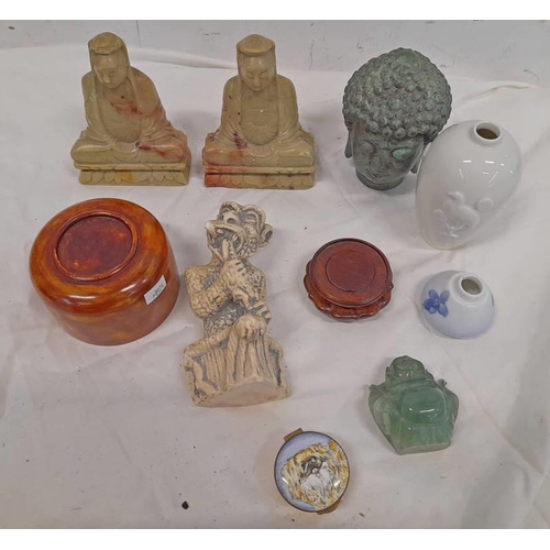 1137 - 2 CARVED STONE ORIENTAL FIGURES, WHITE ROYAL COPENHAGEN VASE, GREEN STONE CARVING OF A BUDDHA, ETC