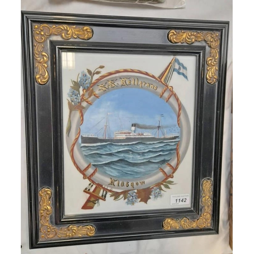 1142 - EARLY 20TH CENTURY PAINTED GLASS PLAQUE OF THE SS BELLGRANO, GLASGOW IN FRAME AND SIGNED WITH LETTER... 