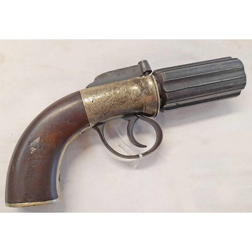 1158 - 120 BORE 6-SHOT PERCUSSION PEPPERBOX REVOLVER WITH 3'' LONG FLUTED BARRELS, BORDER & SCROLL ENGRAVED... 