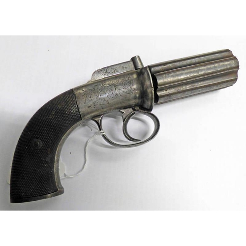 1165 - 19TH CENTURY 6-SHOT PEPPERBOX REVOLVER, 8CM CYLINDER WITH BIRMINGHAM PROOF MARKS, WITH FOLIATE ENGRA... 