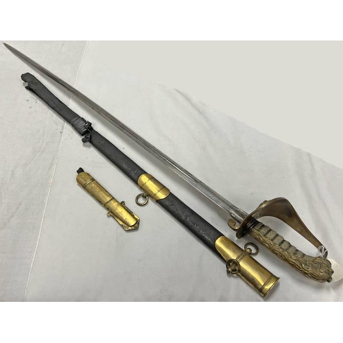 1174 - VICTORIAN 1827 PATTERN NAVAL SWORD WITH 74.5 CM LONG DOUBLE EDGED AND FULLERED STEEL BLADE WITH REMA... 