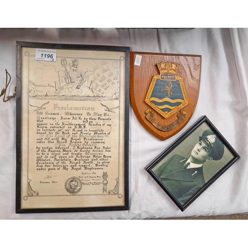 1196 - WW2 ARCTIC CIRCLE PROCLAMATION TO SEAMAN A F JAP MARCH 31ST 1944 IN HMS BELFAST ALONG WITH A FRAMED ... 