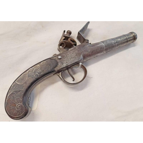 1200 - 54 BORE FLINTLOCK BOX LOCK POCKET PISTOL BY BARBER WITH IT'S 2.25'' 5 STAGE TURN OFF BARREL, SIGNED ... 