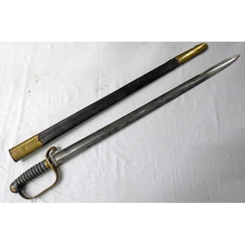 1216 - VICTORIAN POLICE SWORD, 76CM STRAIGHT BLADE, DOUBLE EDGED TOWARDS TIP, BRASS HILT, STEPPED POMMEL, R... 