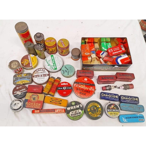 1239 - SELECTION OF ADVERTISING TINS, SPARK PLUGS, ETC TO INCLUDE LODGE BOXED SPORT PLUGS, DUNLOP DUSTING C... 