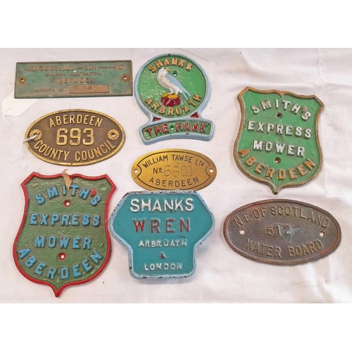 1257 - SELECTION OF CAST METAL PLAQUES, ETC TO INCLUDE SHANKS ARBROATH THE HAWK, SMITHS EXPRESS MOWER ABERD... 