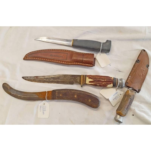 1268 - FISKORS FINLAND HUNTING KNIFE WITH VOLVO MARKED SCABBARD, HUNTING KNIFE IN LEATHER SHEATH WITH INDIA... 