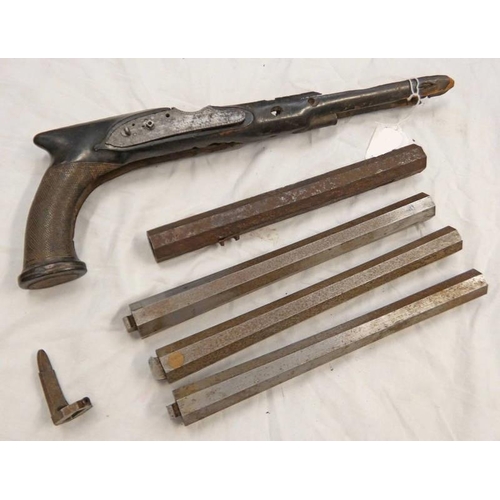 1279 - SAW HANDLED DUELLING PISTOL STOCK WITH LOCK (AF) WITH 3  19TH CENTURY BARREL BLANKS AND ONE OTHER  -... 