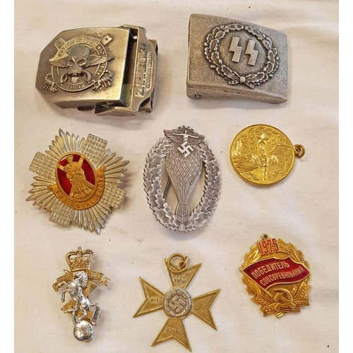 1284 - WW2 STYLE GERMAN STYLE BUCKLE, BALLOONISTS BADGE, ROYAL SCOTS CAP BADGE, ETC