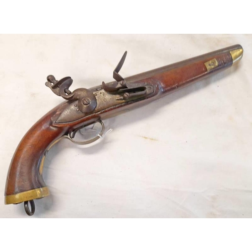 1286 - BELGIAN FLINTLOCK SEA SERVICE PISTOL WITH 9'' LONG BARREL, LEIGE PROOF MARKS, STAMP MARKS TO LOCK PL... 