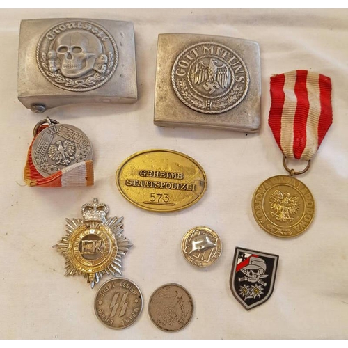 1287 - WW2 STYLE GERMAN STYLE BELT BUCKLES, AWARDS, COINS, ETC